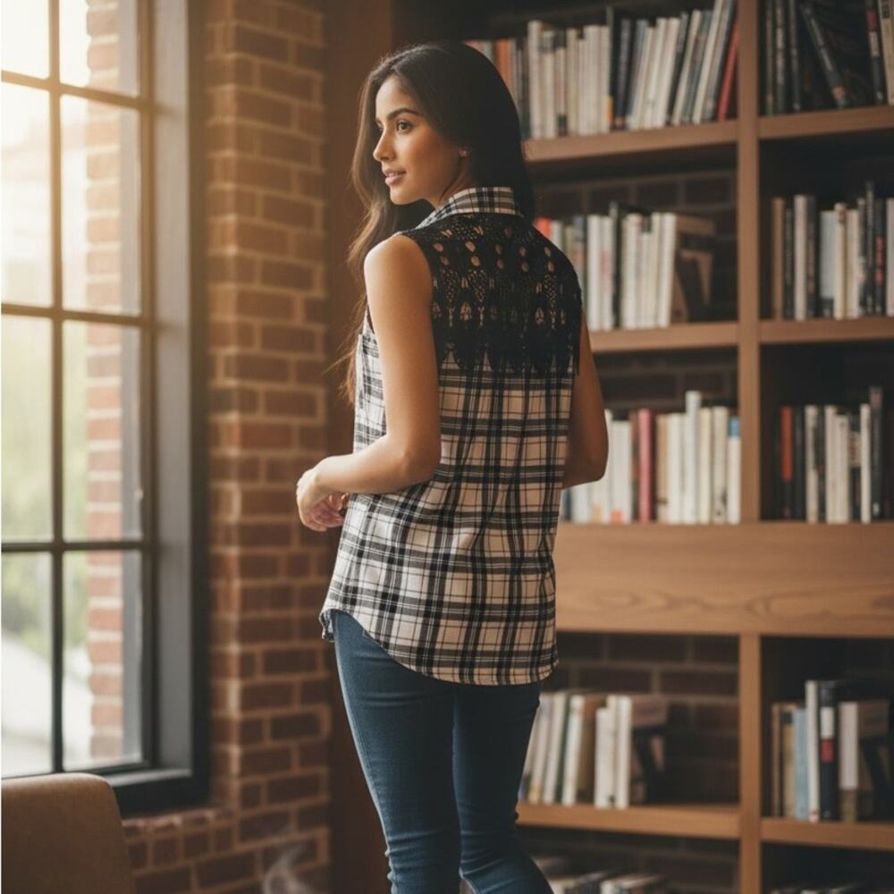 Cottagecore Crochet Lace Back Black and White Plaid Sleeveless Blouse
